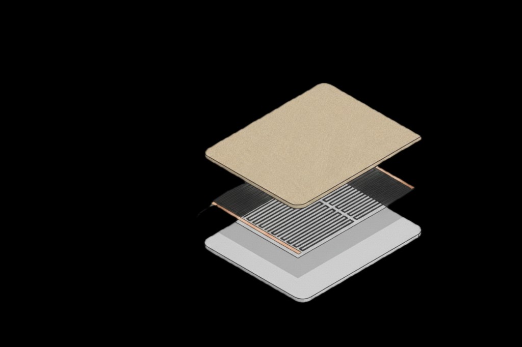 Cross-section of Quentex heating layers: fabric surface, graphene PTC film, thermal insulation, non-slip base
