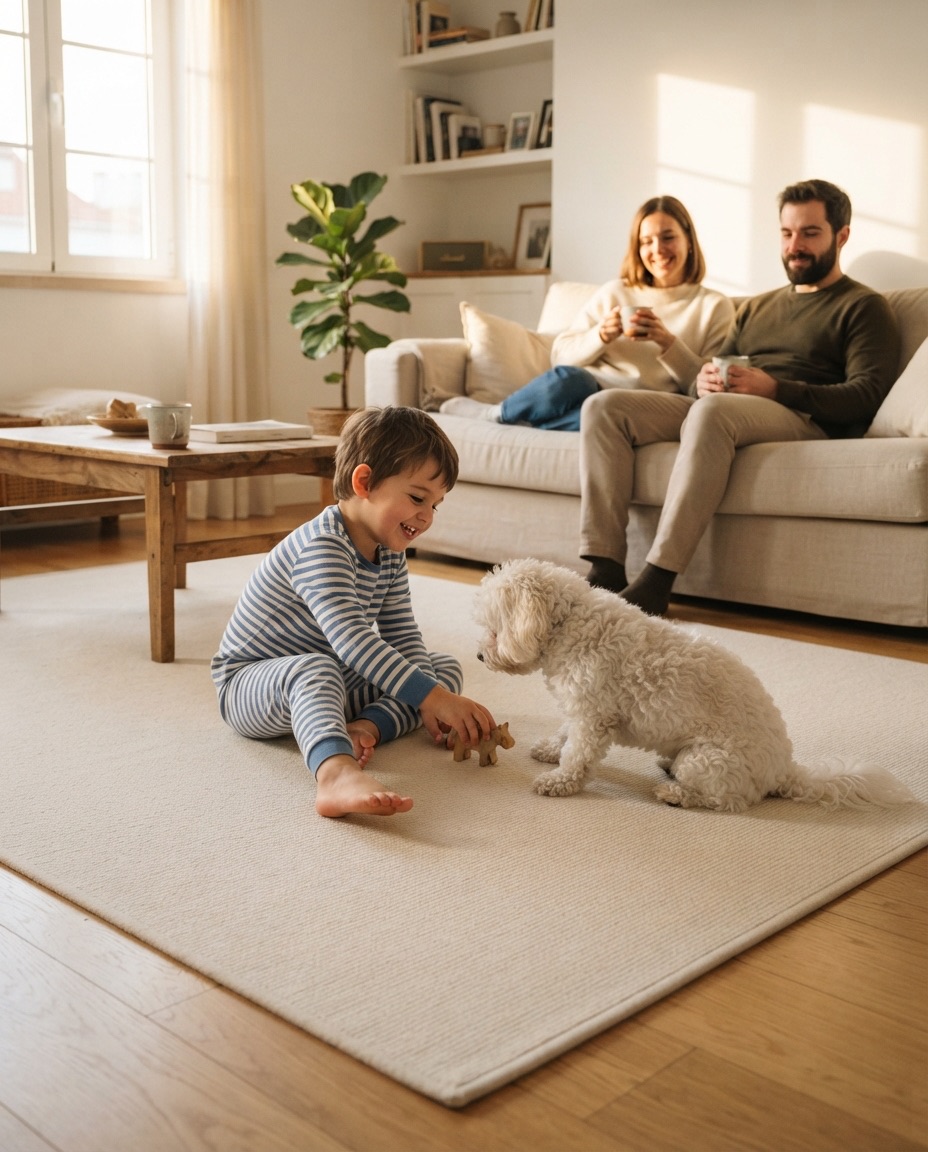 Família num tapete aquecido Quentex numa sala acolhedora