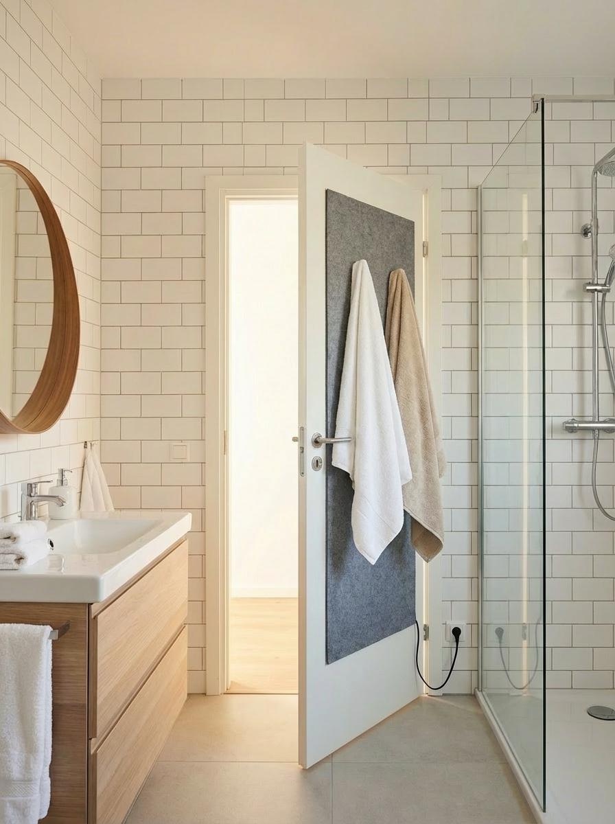 QUENTEX towel heater on a bathroom door